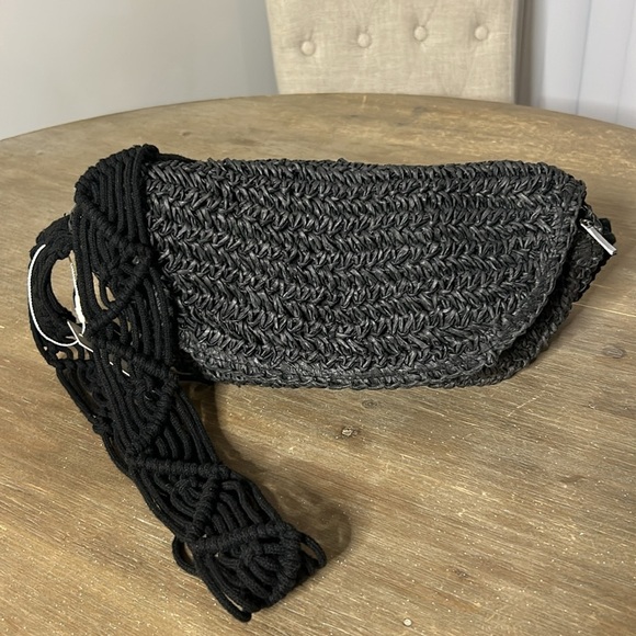 Primark Black Raffia Macrame Shoulder Strap Crossbody Bohemian Bag NWT - Picture 6 of 16
